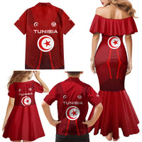 Tunisia National Flag Family Matching Mermaid Dress and Hawaiian Shirt with Crescent Star Emblem and Red Sport Design