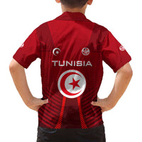 Tunisia National Flag Family Matching Off The Shoulder Long Sleeve Dress and Hawaiian Shirt with Crescent Star Emblem and Red Sport Design