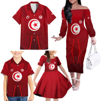 Tunisia National Flag Family Matching Off The Shoulder Long Sleeve Dress and Hawaiian Shirt with Crescent Star Emblem and Red Sport Design