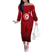 Tunisia National Flag Family Matching Off The Shoulder Long Sleeve Dress and Hawaiian Shirt with Crescent Star Emblem and Red Sport Design
