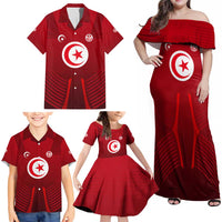Tunisia National Flag Family Matching Off Shoulder Maxi Dress and Hawaiian Shirt with Crescent Star Emblem and Red Sport Design