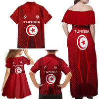 Tunisia National Flag Family Matching Off Shoulder Maxi Dress and Hawaiian Shirt with Crescent Star Emblem and Red Sport Design