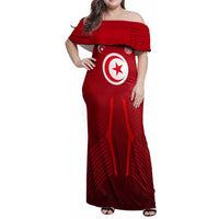 Tunisia National Flag Family Matching Off Shoulder Maxi Dress and Hawaiian Shirt with Crescent Star Emblem and Red Sport Design