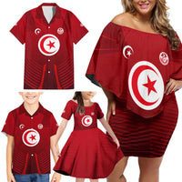 Tunisia National Flag Family Matching Off Shoulder Short Dress and Hawaiian Shirt with Crescent Star Emblem and Red Sport Design