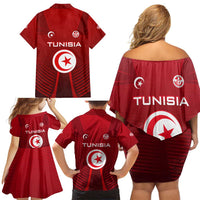 Tunisia National Flag Family Matching Off Shoulder Short Dress and Hawaiian Shirt with Crescent Star Emblem and Red Sport Design