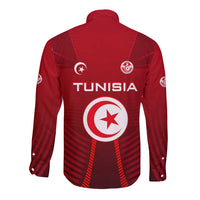 Tunisia National Flag Long Sleeve Button Shirt with Crescent Star Emblem and Red Sport Design