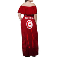 Tunisia National Flag Off Shoulder Maxi Dress with Crescent Star Emblem and Red Sport Design