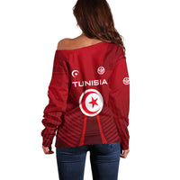 Tunisia National Flag Off Shoulder Sweater with Crescent Star Emblem and Red Sport Design