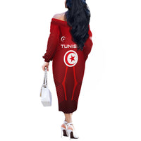 Tunisia National Flag Off The Shoulder Long Sleeve Dress with Crescent Star Emblem and Red Sport Design