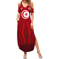 Tunisia National Flag Summer Maxi Dress with Crescent Star Emblem and Red Sport Design