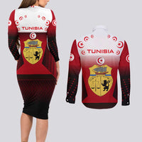 Tunisia Patriotic Couples Matching Long Sleeve Bodycon Dress and Long Sleeve Button Shirt with National Crest, Crescent Star and Country Map