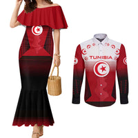 Tunisia Patriotic Couples Matching Mermaid Dress and Long Sleeve Button Shirt with National Crest, Crescent Star and Country Map