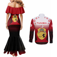 Tunisia Patriotic Couples Matching Mermaid Dress and Long Sleeve Button Shirt with National Crest, Crescent Star and Country Map