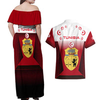 Tunisia Patriotic Couples Matching Off Shoulder Maxi Dress and Hawaiian Shirt with National Crest, Crescent Star and Country Map