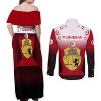 Tunisia Patriotic Couples Matching Off Shoulder Maxi Dress and Long Sleeve Button Shirt with National Crest, Crescent Star and Country Map