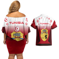 Tunisia Patriotic Couples Matching Off Shoulder Short Dress and Hawaiian Shirt with National Crest, Crescent Star and Country Map
