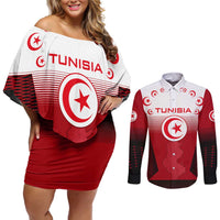 Tunisia Patriotic Couples Matching Off Shoulder Short Dress and Long Sleeve Button Shirt with National Crest, Crescent Star and Country Map