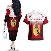 Tunisia Patriotic Couples Matching Off The Shoulder Long Sleeve Dress and Hawaiian Shirt with National Crest, Crescent Star and Country Map