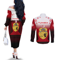 Tunisia Patriotic Couples Matching Off The Shoulder Long Sleeve Dress and Long Sleeve Button Shirt with National Crest, Crescent Star and Country Map