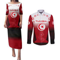 Tunisia Patriotic Couples Matching Puletasi and Long Sleeve Button Shirt with National Crest, Crescent Star and Country Map