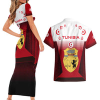Tunisia Patriotic Couples Matching Short Sleeve Bodycon Dress and Hawaiian Shirt with National Crest, Crescent Star and Country Map