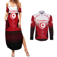 Tunisia Patriotic Couples Matching Summer Maxi Dress and Long Sleeve Button Shirt with National Crest, Crescent Star and Country Map