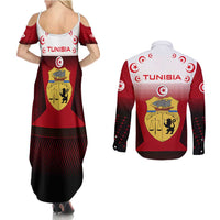 Tunisia Patriotic Couples Matching Summer Maxi Dress and Long Sleeve Button Shirt with National Crest, Crescent Star and Country Map