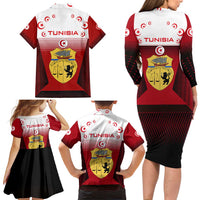Tunisia Patriotic Family Matching Long Sleeve Bodycon Dress and Hawaiian Shirt with National Crest, Crescent Star and Country Map
