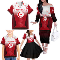 Tunisia Patriotic Family Matching Off The Shoulder Long Sleeve Dress and Hawaiian Shirt with National Crest, Crescent Star and Country Map