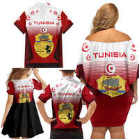 Tunisia Patriotic Family Matching Off Shoulder Short Dress and Hawaiian Shirt with National Crest, Crescent Star and Country Map