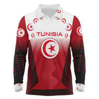 Tunisia Patriotic Long Sleeve Polo Shirt with National Crest, Crescent Star and Country Map