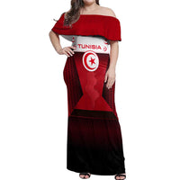 Tunisia Patriotic Off Shoulder Maxi Dress with National Crest, Crescent Star and Country Map