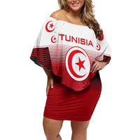 Tunisia Patriotic Off Shoulder Short Dress with National Crest, Crescent Star and Country Map