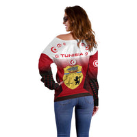 Tunisia Patriotic Off Shoulder Sweater with National Crest, Crescent Star and Country Map