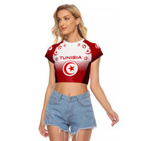 Tunisia Patriotic Raglan Cropped T Shirt with National Crest, Crescent Star and Country Map