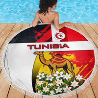 Tunisia Beach Blanket with Camel, Jasmine Flowers, and National Flag Design