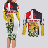 Tunisia Couples Matching Long Sleeve Bodycon Dress and Long Sleeve Button Shirt with Camel, Jasmine Flowers, and National Flag Design
