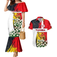 Tunisia Couples Matching Mermaid Dress and Hawaiian Shirt with Camel, Jasmine Flowers, and National Flag Design
