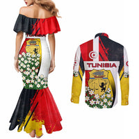 Tunisia Couples Matching Mermaid Dress and Long Sleeve Button Shirt with Camel, Jasmine Flowers, and National Flag Design