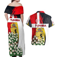 Tunisia Couples Matching Off Shoulder Maxi Dress and Hawaiian Shirt with Camel, Jasmine Flowers, and National Flag Design
