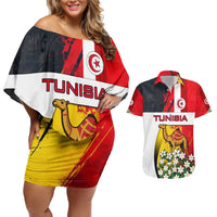 Tunisia Couples Matching Off Shoulder Short Dress and Hawaiian Shirt with Camel, Jasmine Flowers, and National Flag Design