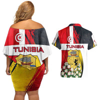 Tunisia Couples Matching Off Shoulder Short Dress and Hawaiian Shirt with Camel, Jasmine Flowers, and National Flag Design