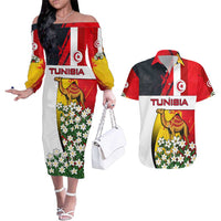 Tunisia Couples Matching Off The Shoulder Long Sleeve Dress and Hawaiian Shirt with Camel, Jasmine Flowers, and National Flag Design