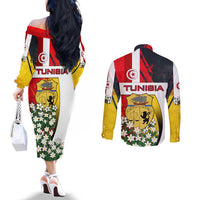 Tunisia Couples Matching Off The Shoulder Long Sleeve Dress and Long Sleeve Button Shirt with Camel, Jasmine Flowers, and National Flag Design