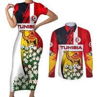 Tunisia Couples Matching Short Sleeve Bodycon Dress and Long Sleeve Button Shirt with Camel, Jasmine Flowers, and National Flag Design