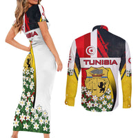 Tunisia Couples Matching Short Sleeve Bodycon Dress and Long Sleeve Button Shirt with Camel, Jasmine Flowers, and National Flag Design
