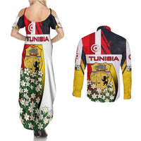 Tunisia Couples Matching Summer Maxi Dress and Long Sleeve Button Shirt with Camel, Jasmine Flowers, and National Flag Design