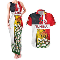 Tunisia Couples Matching Tank Maxi Dress and Hawaiian Shirt with Camel, Jasmine Flowers, and National Flag Design