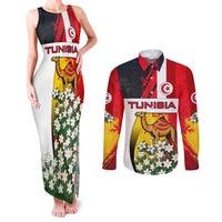Tunisia Couples Matching Tank Maxi Dress and Long Sleeve Button Shirt with Camel, Jasmine Flowers, and National Flag Design