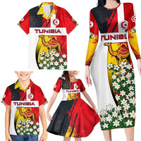 Tunisia Family Matching Long Sleeve Bodycon Dress and Hawaiian Shirt with Camel, Jasmine Flowers, and National Flag Design